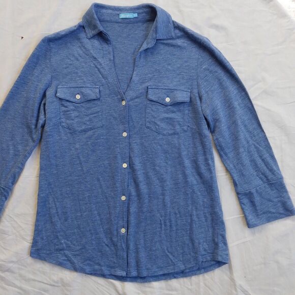 J.McLaughlin Brynn 3/4 Sleeve Shirt Henley Blue Linen Blend Women's Size Small - Picture 2 of 12